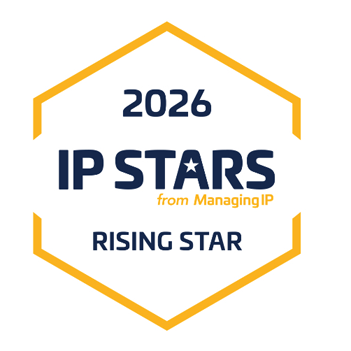 Award badge: 2026 IP STARS from Managing IP, 'Rising Star' with a yellow hexagonal border design.