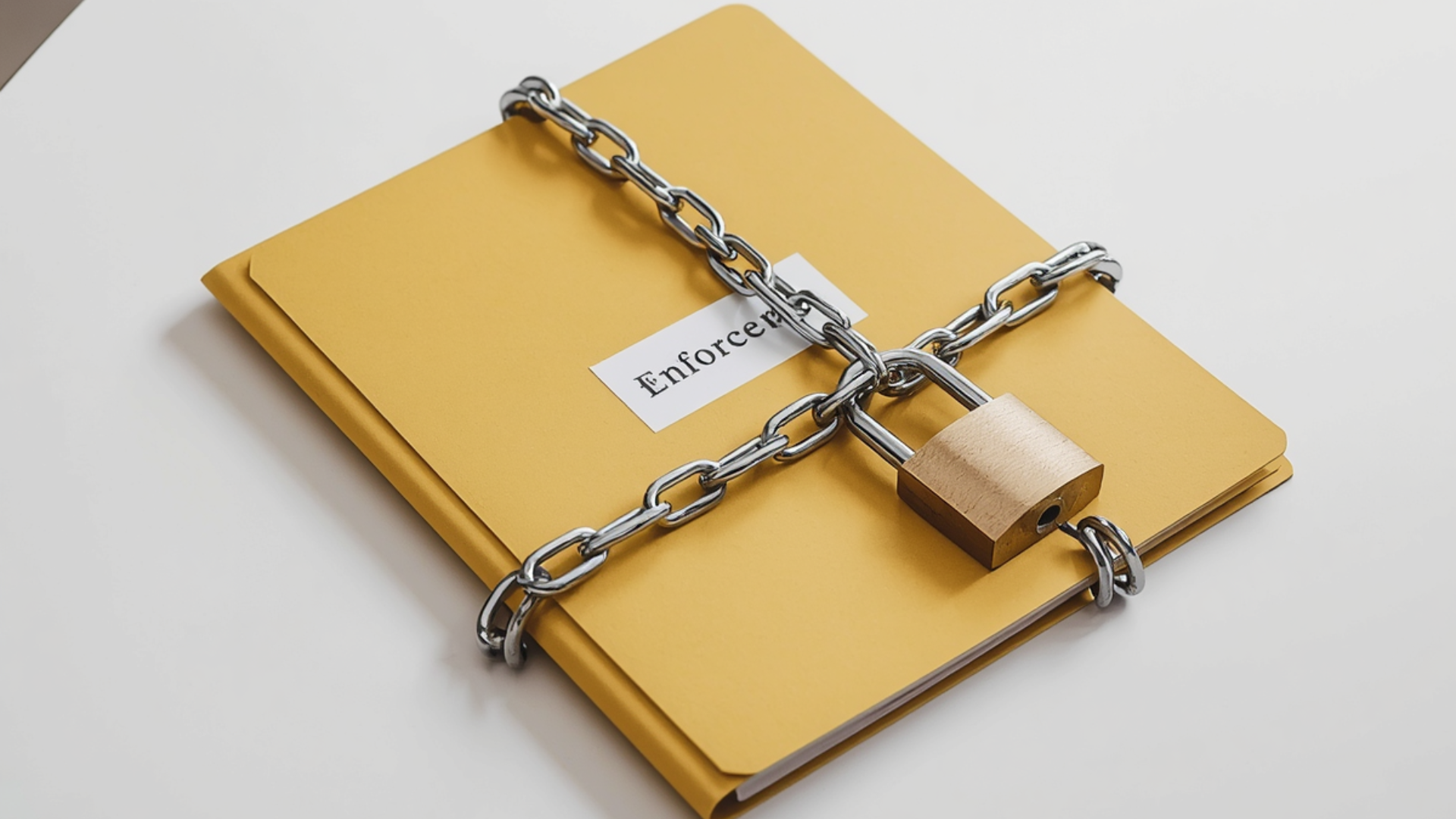 Yellow folder secured with a silver chain and padlock, a small label reads 'Enforcement' on the front document