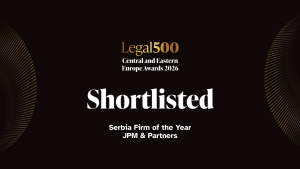 Banner announcing Legal 500 Central and Eastern Europe Awards 2026; shows the word 'Shortlisted' and 'Serbia Firm of the Year JPM & Partners'
