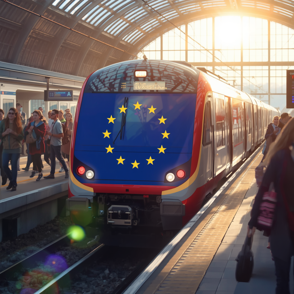 Front of a blue-red train with the European Union flag (circle of yellow stars) on the nose, at a sunlit station with passengers on the platform.