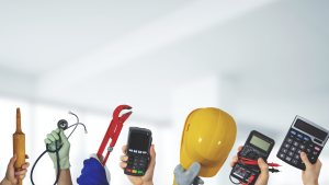 Group of hands holding various tools—hammer, screwdriver/wrench, pliers, stethoscope, calculator, and a yellow hard hat.