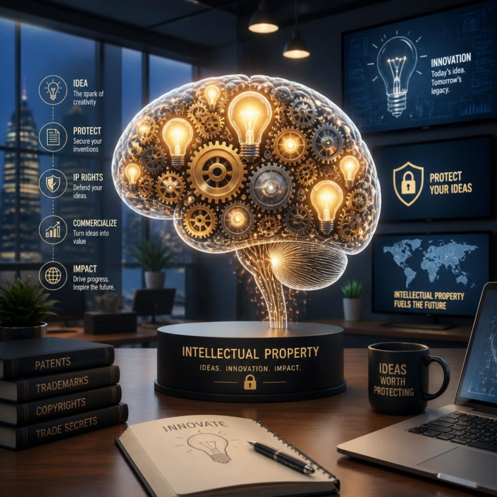 Glowing brain made of gears and light bulbs on a pedestal labeled 'Intellectual Property' in a modern office, symbolizing ideas, innovation, and protection.