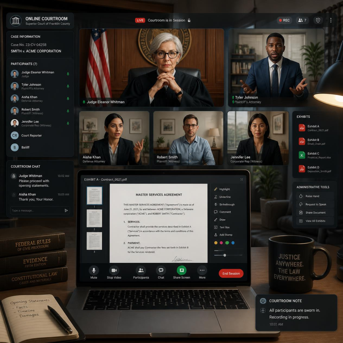 Screenshot of a virtual courtroom: multiple participants on video panels, judge at top left, attorneys speaking, and exhibits list on the right; a laptop showing a contract document in the foreground.