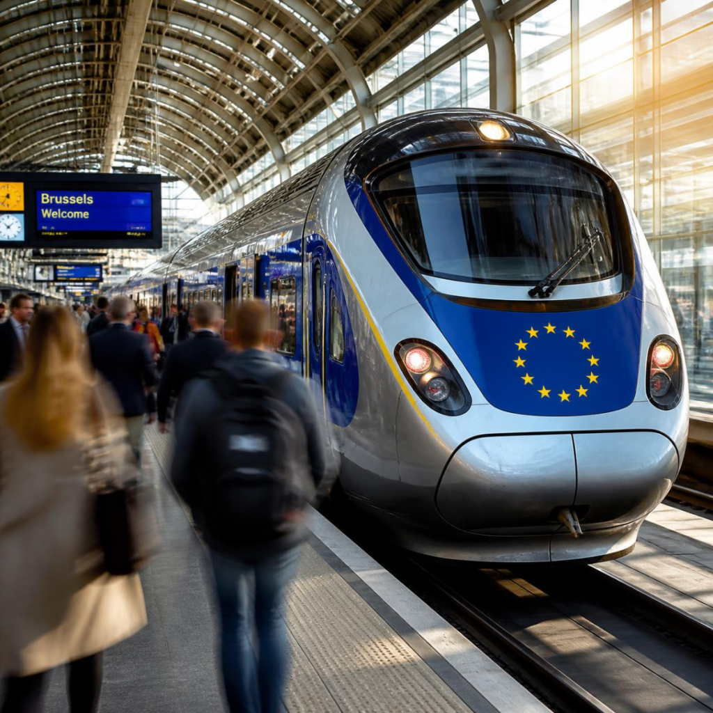 High-speed train with EU flag on the front at a Brussels station, passengers waiting on the platform beneath a curved glass roof.
