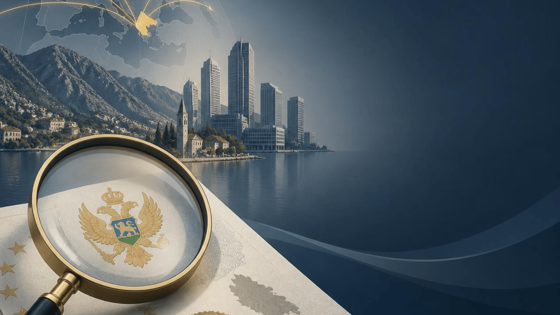 Magnifying glass with a coat of arms rests on a map beside a coastal city skyline and snowy mountains behind it.