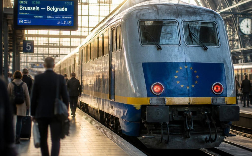 Front of a silver-blue train with an EU flag on the nose sits at a station; passengers wait on the platform.