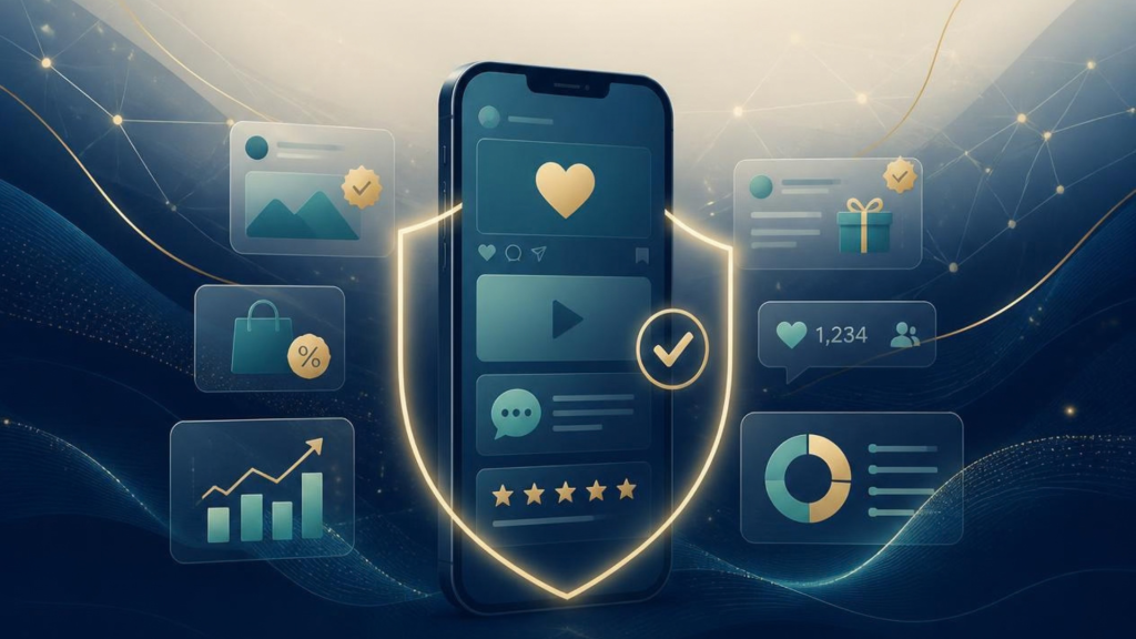 Smartphone framed by a glowing shield with floating UI cards symbolizing mobile security and data protection.