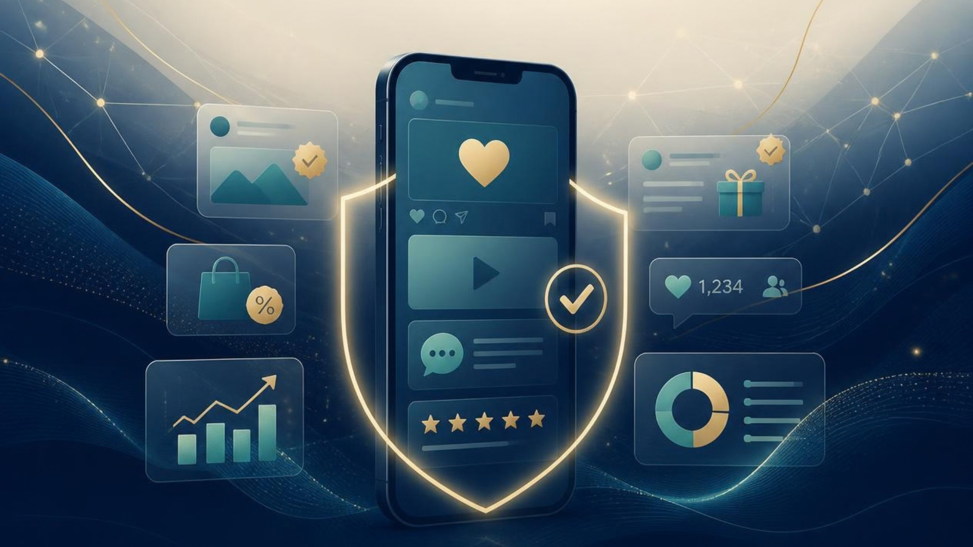 Smartphone framed by a glowing shield with floating UI cards symbolizing mobile security and data protection.