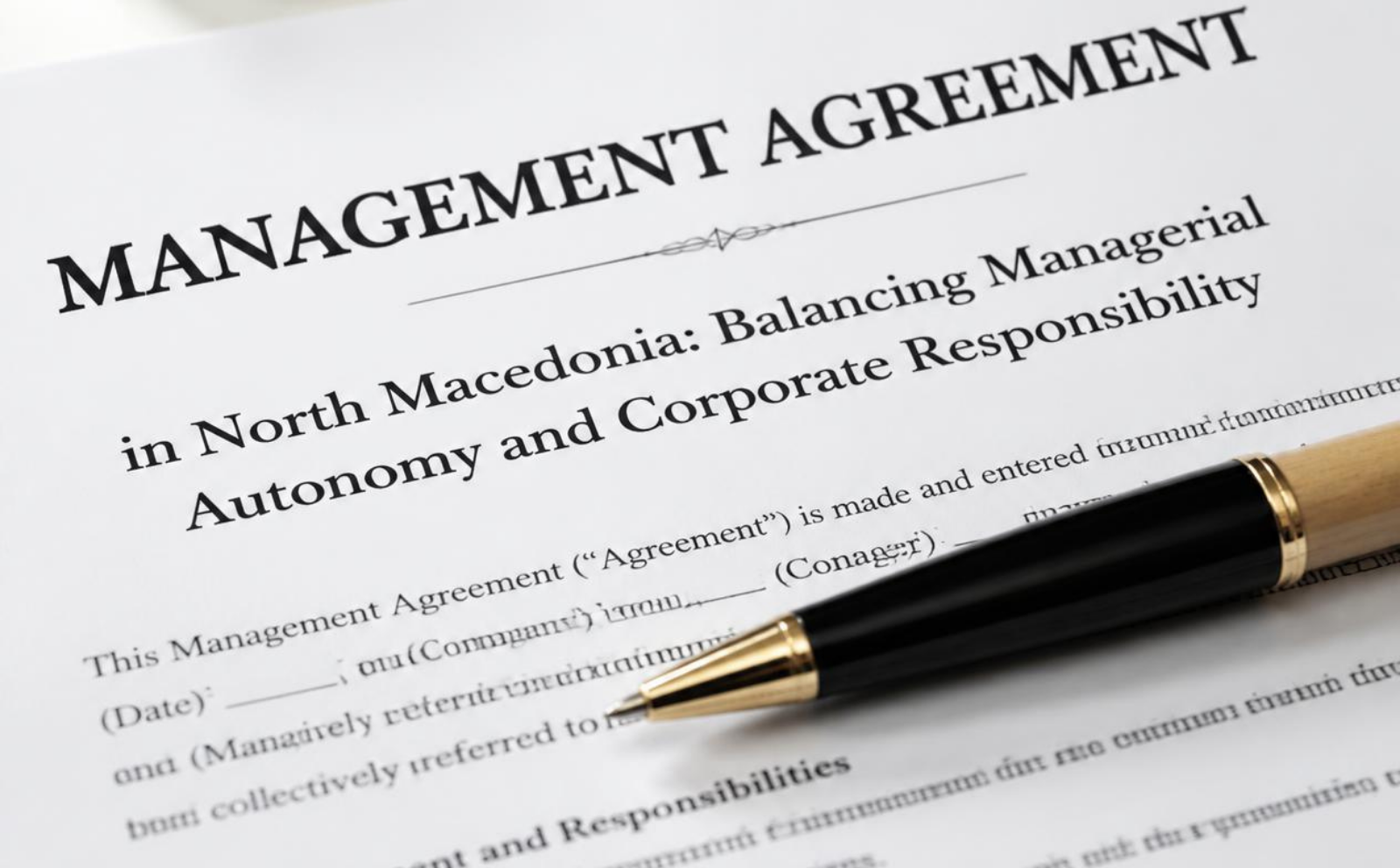Close-up of a management agreement document with a black and gold fountain pen nearby.