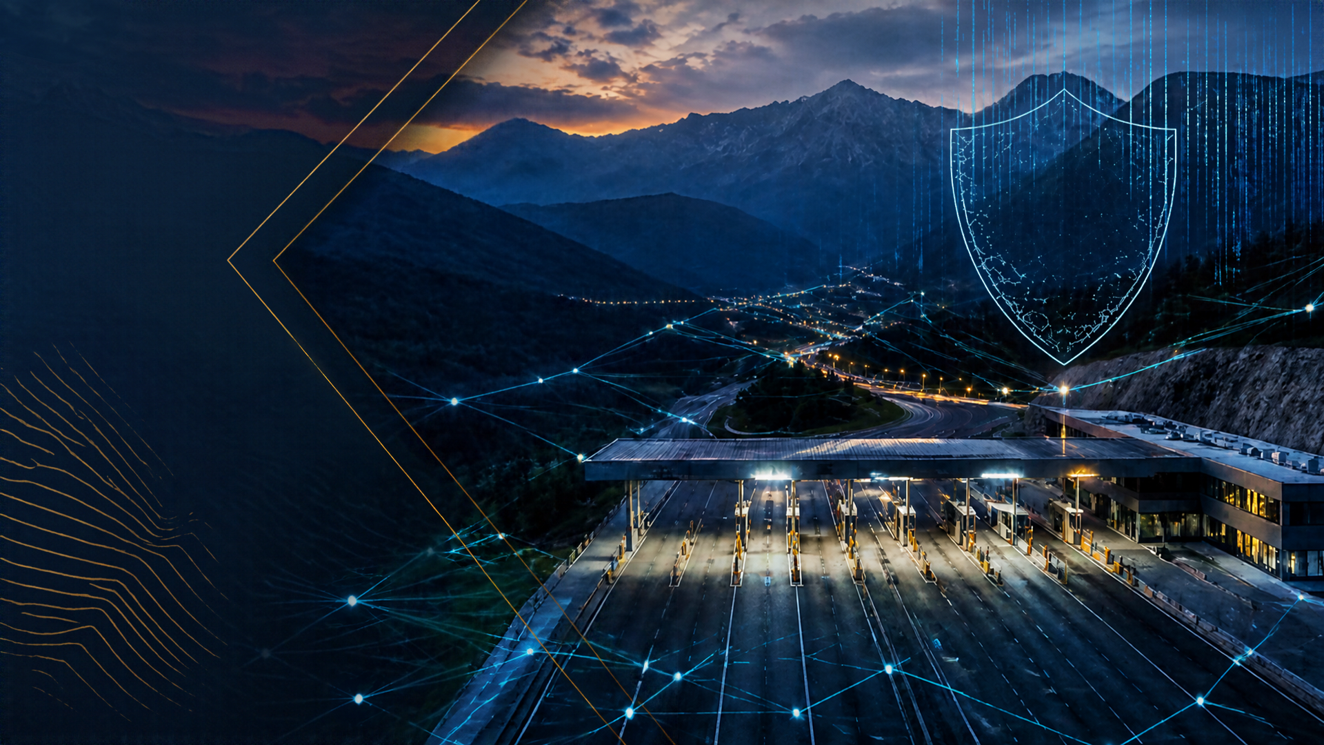 Toll plaza at dusk with a blue digital network overlay and a glowing shield, symbolizing cybersecurity for infrastructure.