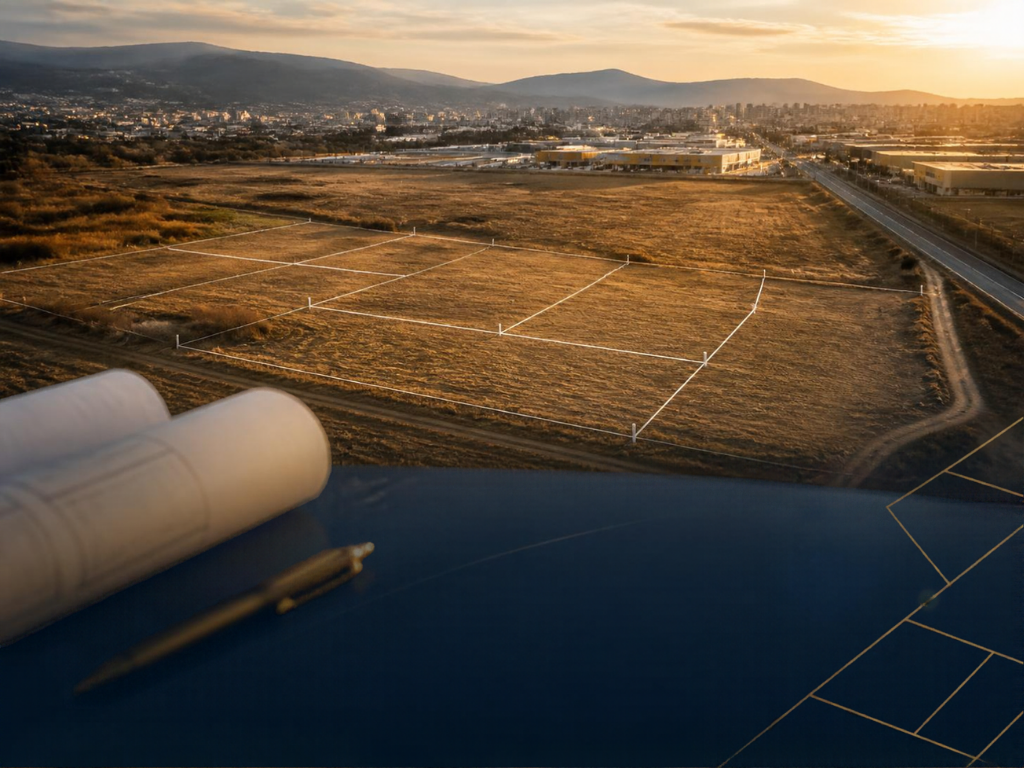 Aerial view of an empty construction lot with white boundary lines, viewed from above, with rolled blueprints and a pencil on a drafting table in the foreground at sunset.