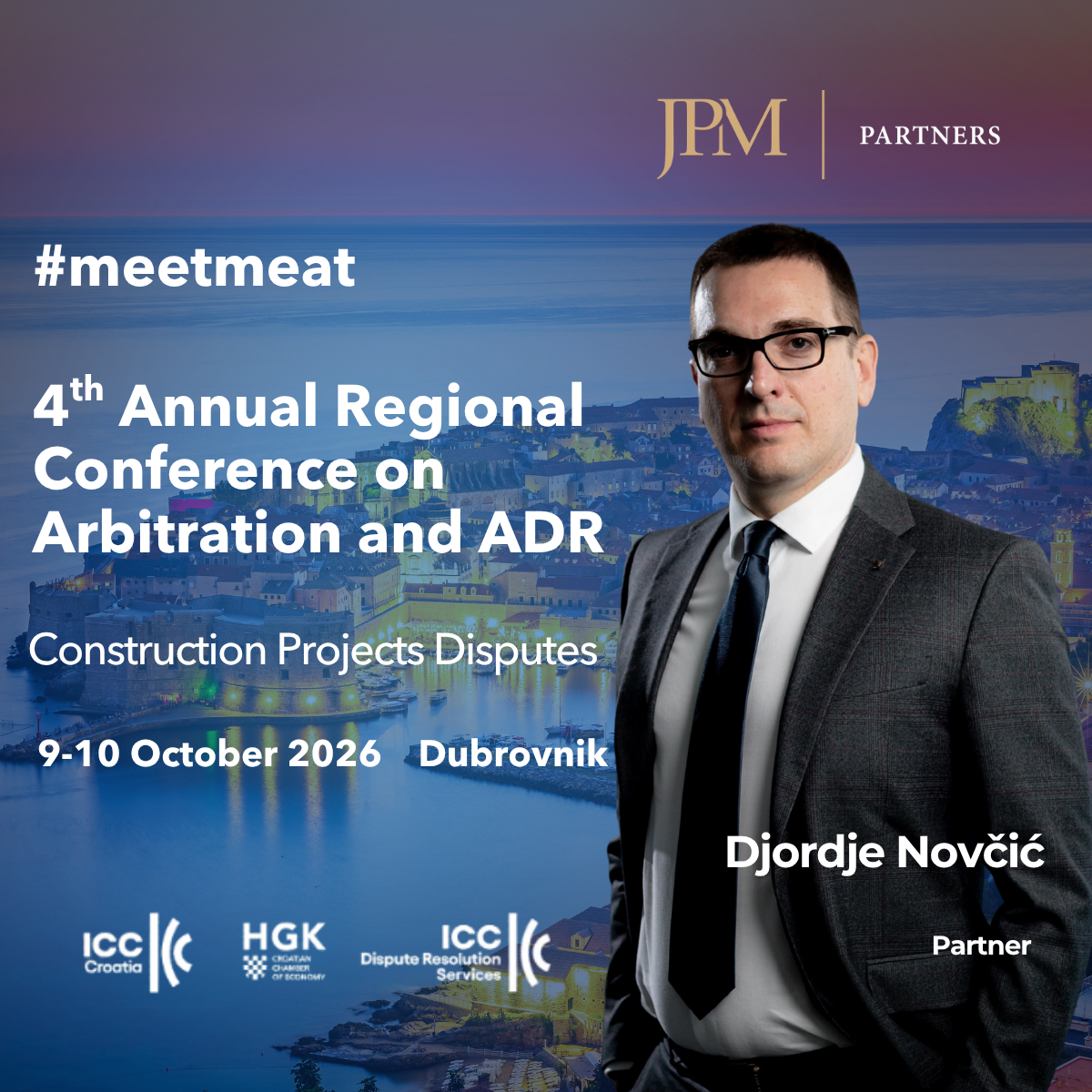 Poster for the 4th Annual Regional Conference on Arbitration and ADR in Dubrovnik, October 9–10, 2026, featuring Djordje Nović.