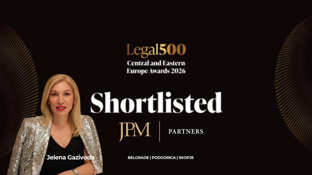 Jelena Gazivoda in a sparkling blazer on a dark event banner reading 'Legal500 Central and Eastern Europe Awards 2026 Shortlisted'