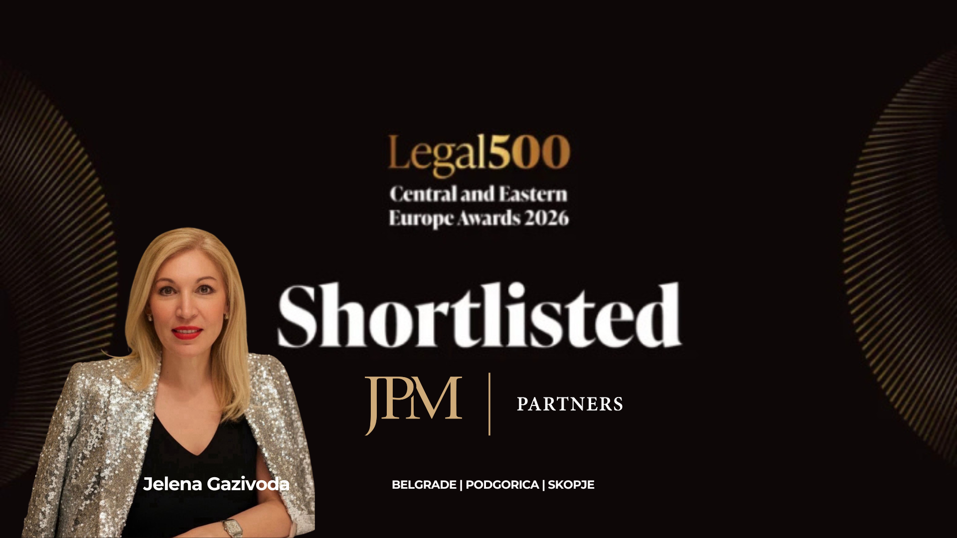 Jelena Gazivoda in a sparkling blazer on a dark event banner reading 'Legal500 Central and Eastern Europe Awards 2026 Shortlisted'